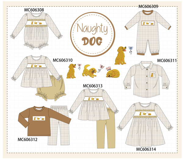 PO95 Brown puppy embroidery plaid collection