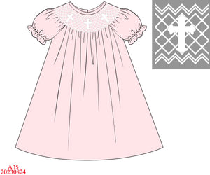 Girls Pink Smocked Cross Bishop Dress