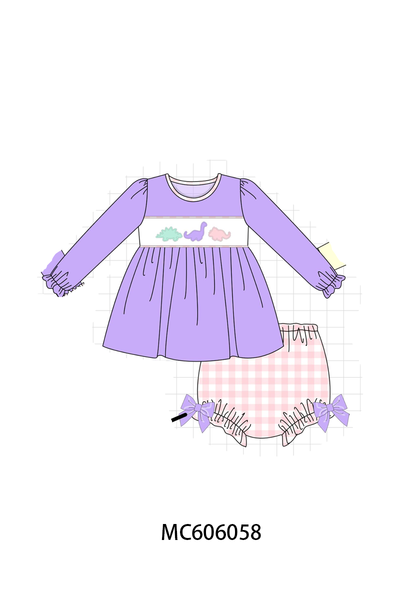 PO95 Purple&mustard dinosaur applique gingham collection