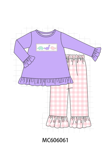 PO95 Purple&mustard dinosaur applique gingham collection