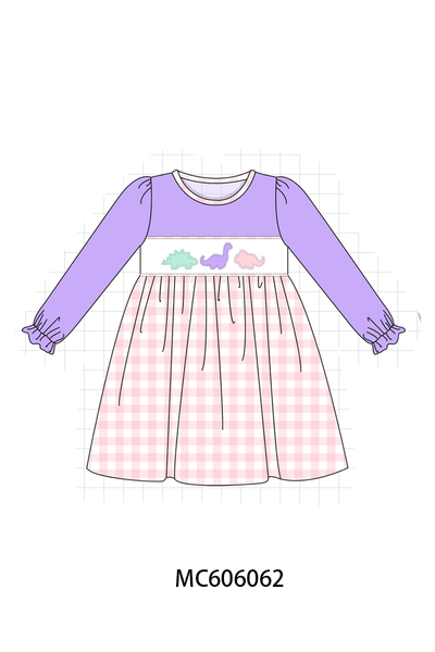 PO95 Purple&mustard dinosaur applique gingham collection