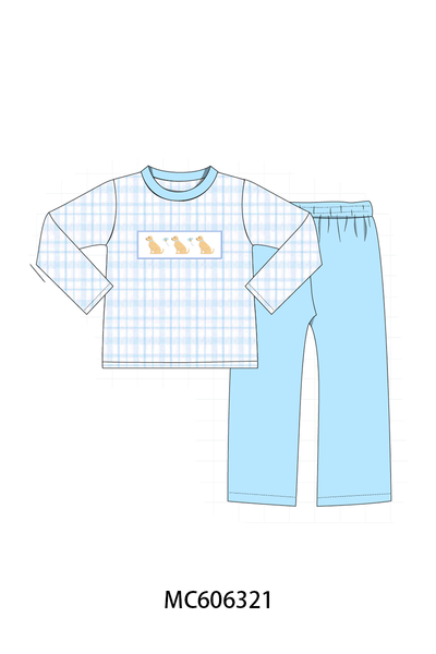 PO95 Blue puppy embroidery plaid collection