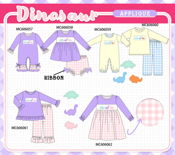 PO95 Purple&mustard dinosaur applique gingham collection